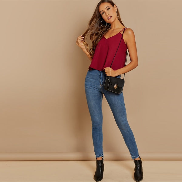 Burgundy Backless Solid Double Strap Cami