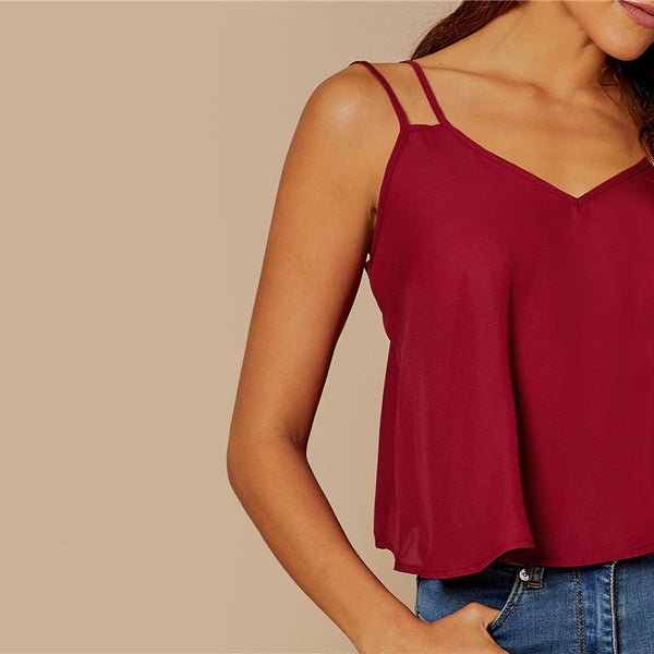 Burgundy Backless Solid Double Strap Cami