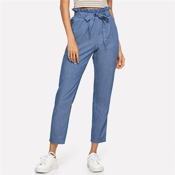 Blue Belted Ruffle Mid Waist Straight Leg Solid Pant