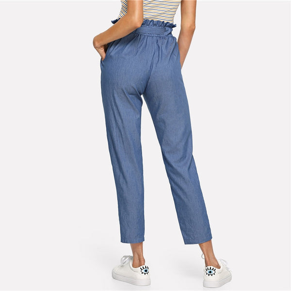Blue Belted Ruffle Mid Waist Straight Leg Solid Pant