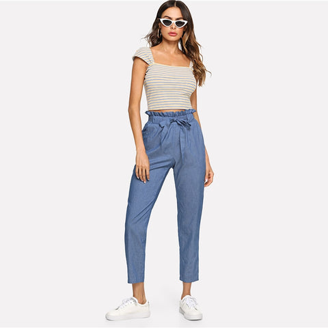 Blue Belted Ruffle Mid Waist Straight Leg Solid Pant
