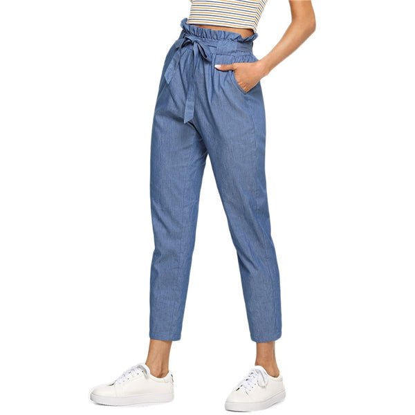Blue Belted Ruffle Mid Waist Straight Leg Solid Pant