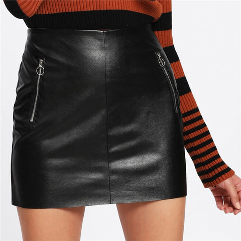 Black High Waist O-Ring Zip Detail Faux Leather Skirt