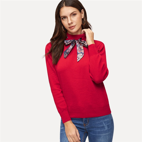 Red Tie Neck Knitted Clothing Sweater