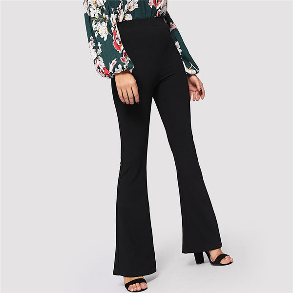 Black Elastic Waist Flare Hem Minimalist Pant