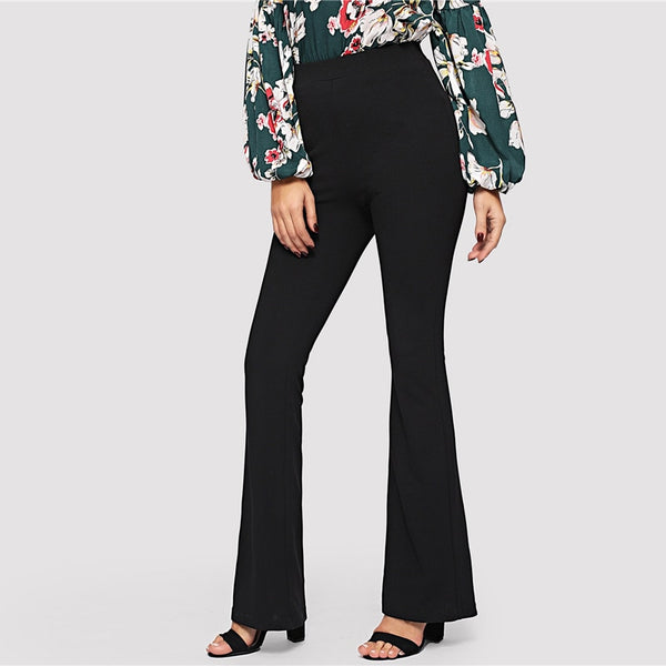 Black Elastic Waist Flare Hem Minimalist Pant