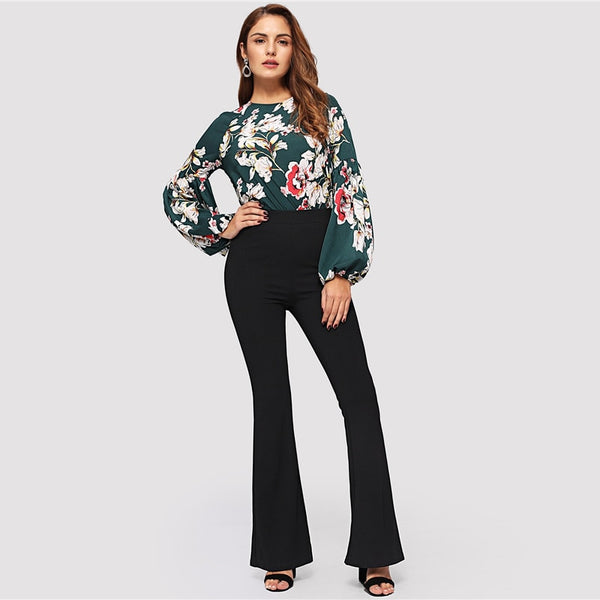Black Elastic Waist Flare Hem Minimalist Pant