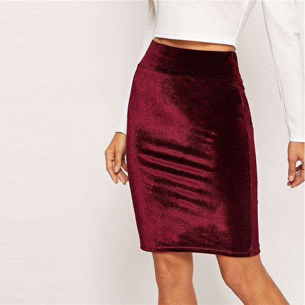 Burgundy Wide Waistband Velvet High Waist Plain Skirt