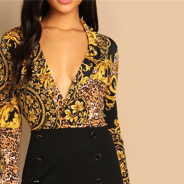 Multicolor  Notched Deep V Neck Double Breasted Bodycon Dress