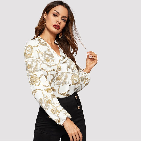 White Cut-Out V-Neck Chain Print Blouse