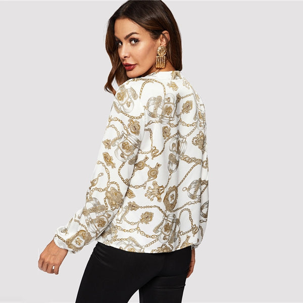 White Cut-Out V-Neck Chain Print Blouse