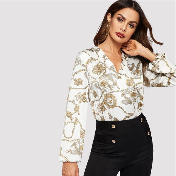 White Cut-Out V-Neck Chain Print Blouse