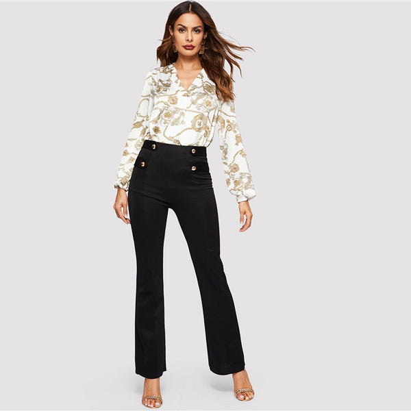 White Cut-Out V-Neck Chain Print Blouse