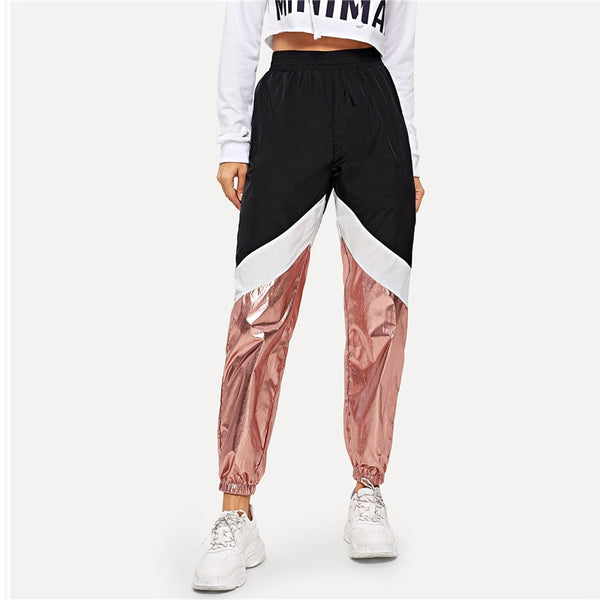 Multicolor Color-Block Contrast Metallic Pant