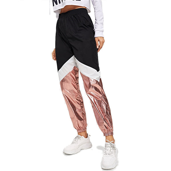 Multicolor Color-Block Contrast Metallic Pant