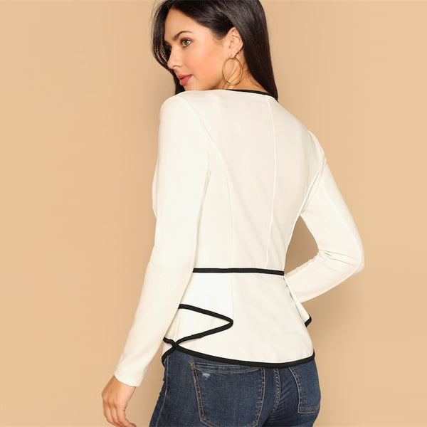 Beige Contrast Trim Fitted Peplum V-Neck Long Sleeve Coat