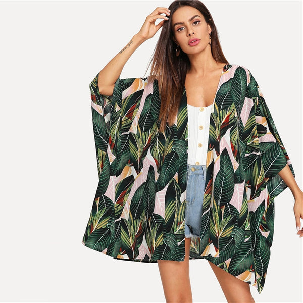 Multicolor Tropical Jungle Leaf Print Batwing Sleeve Kimono