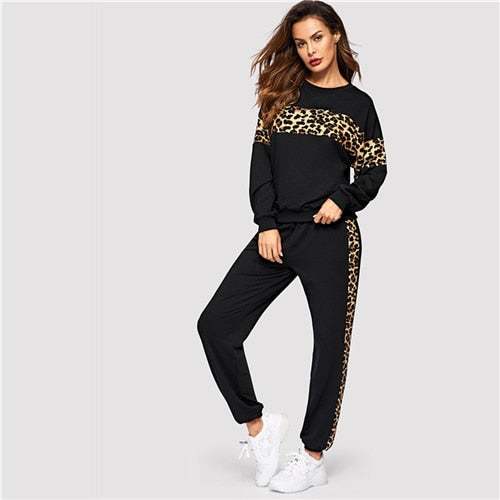 Black Leopard Panel O-Neck Athleisure Shirt And Pant