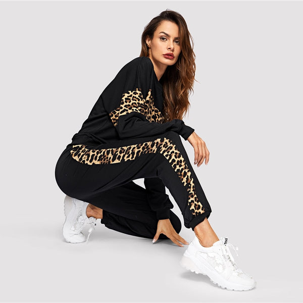 Black Leopard Panel O-Neck Athleisure Shirt And Pant