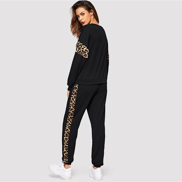 Black Leopard Panel O-Neck Athleisure Shirt And Pant