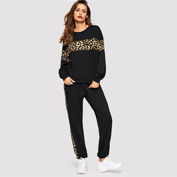 Black Leopard Panel O-Neck Athleisure Shirt And Pant