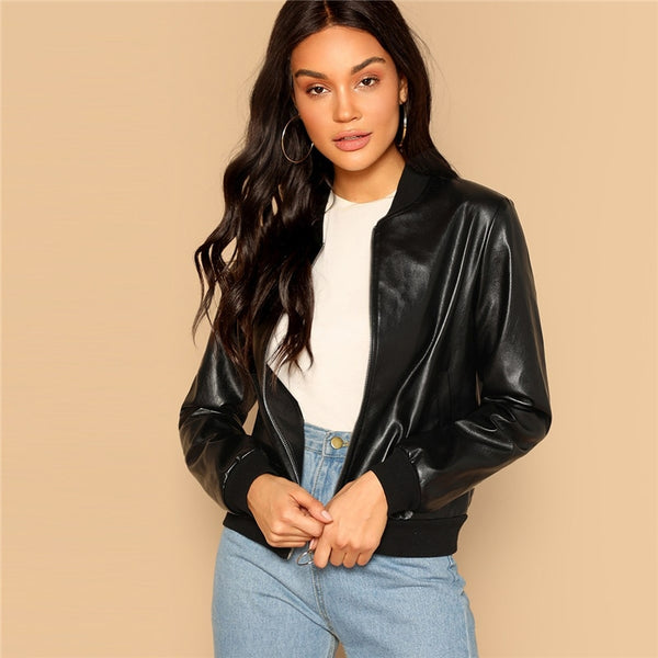 Black Zip Up Faux Leather Bomber Jacket