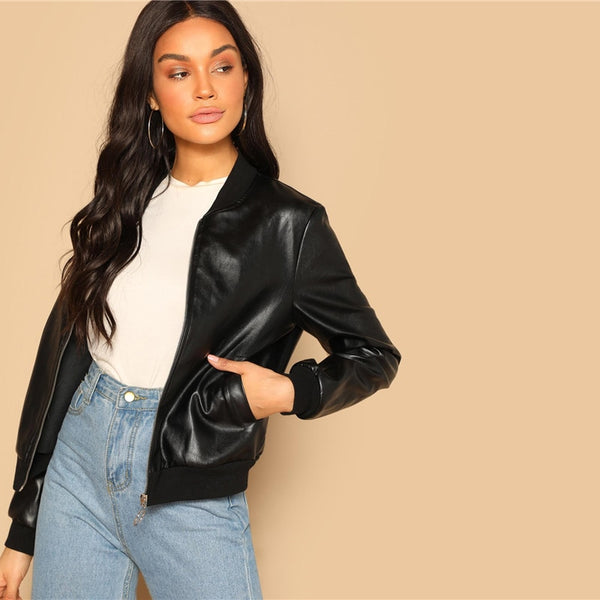 Black Zip Up Faux Leather Bomber Jacket
