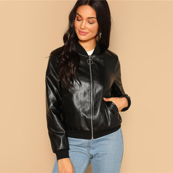 Black Zip Up Faux Leather Bomber Jacket