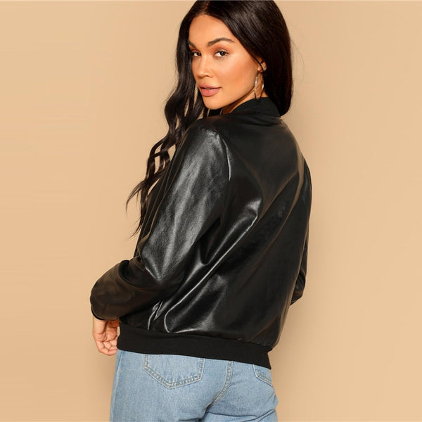 Black Zip Up Faux Leather Bomber Jacket