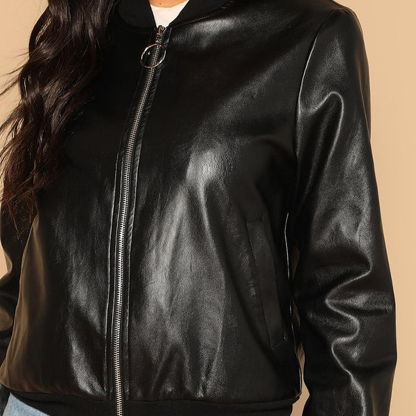 Black Zip Up Faux Leather Bomber Jacket
