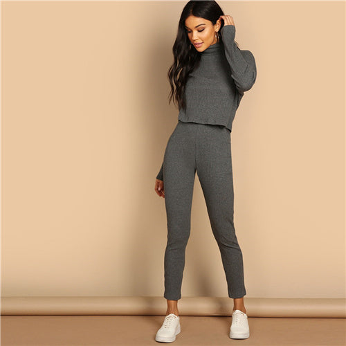 Grey Turtleneck Rib-Knit Drop Shoulder Crop And Legging