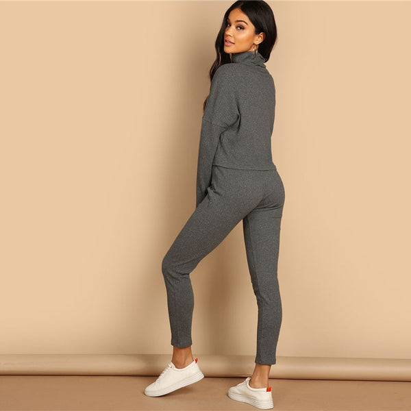 Grey Turtleneck Rib-Knit Drop Shoulder Crop And Legging