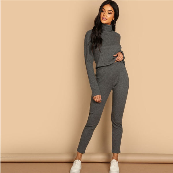 Grey Turtleneck Rib-Knit Drop Shoulder Crop And Legging