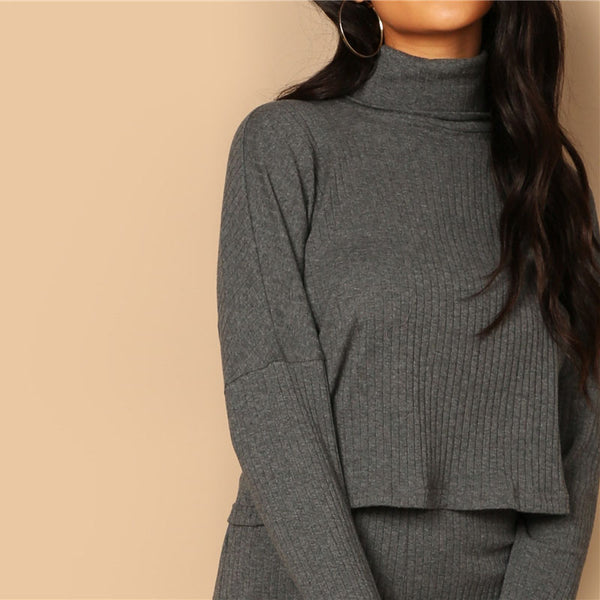 Grey Turtleneck Rib-Knit Drop Shoulder Crop And Legging