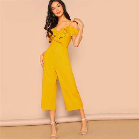 Cold Shoulder Layered Flounce Foldover Palazzo Jumpsuit