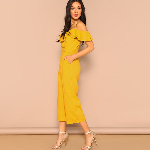 Cold Shoulder Layered Flounce Foldover Palazzo Jumpsuit