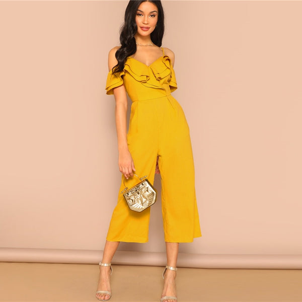 Cold Shoulder Layered Flounce Foldover Palazzo Jumpsuit