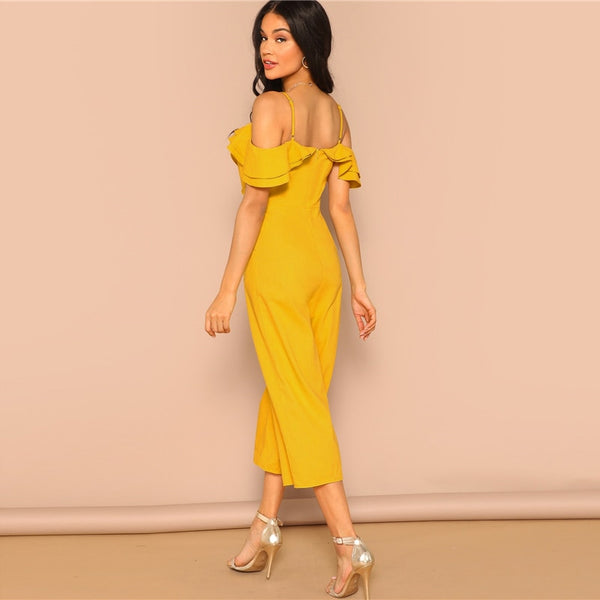 Cold Shoulder Layered Flounce Foldover Palazzo Jumpsuit