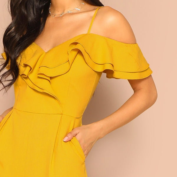 Cold Shoulder Layered Flounce Foldover Palazzo Jumpsuit