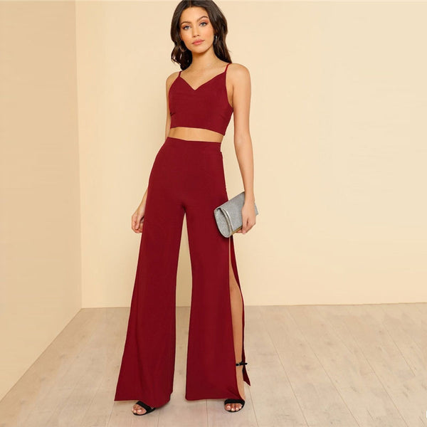 Burgundy V-Neck Crop Cami Top And Pant