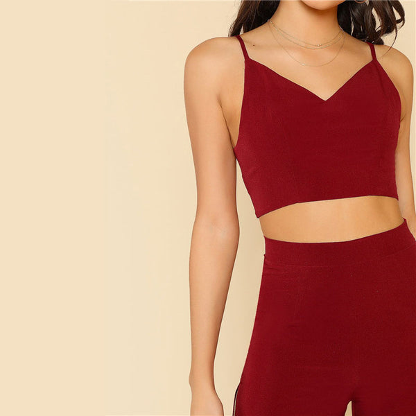 Burgundy V-Neck Crop Cami Top And Pant