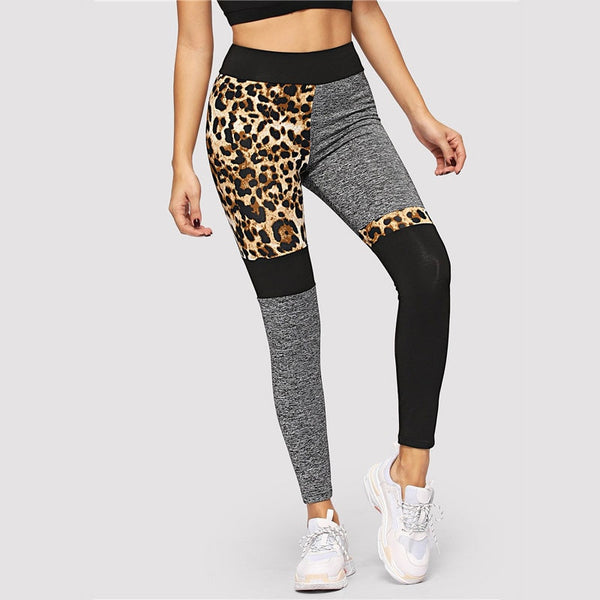 Color-Block Leopard Print Skinny Casual Legging