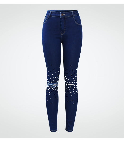 High Waist Ripped Jeans With Beads Blue Stretchy Denim Pants