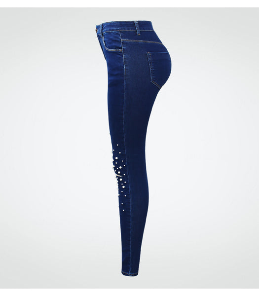 High Waist Ripped Jeans With Beads Blue Stretchy Denim Pants