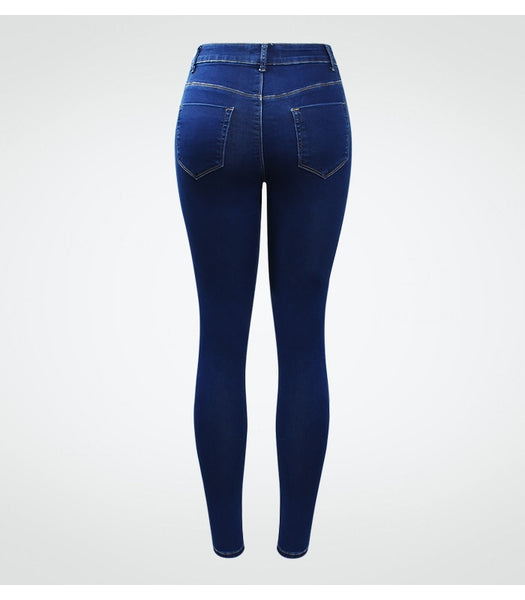 High Waist Ripped Jeans With Beads Blue Stretchy Denim Pants