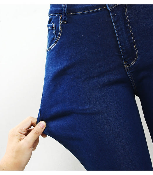 High Waist Ripped Jeans With Beads Blue Stretchy Denim Pants