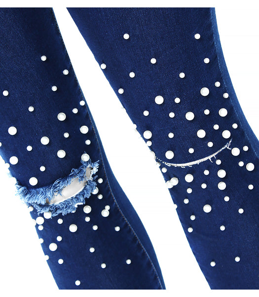High Waist Ripped Jeans With Beads Blue Stretchy Denim Pants