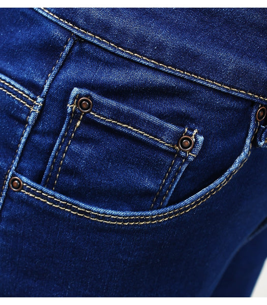 High Waist Ripped Jeans With Beads Blue Stretchy Denim Pants