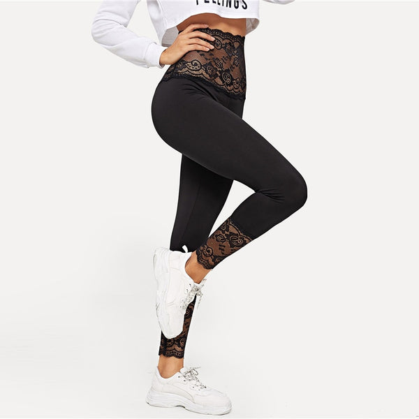 Black Contrast Lace Sheer Athleisure Legging