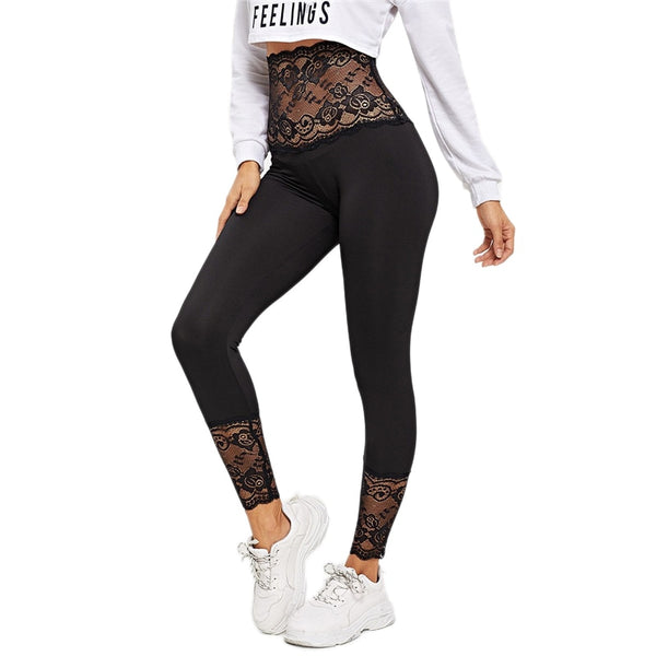 Black Contrast Lace Sheer Athleisure Legging